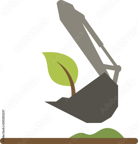 Excavator planting a green leafy sapling in the ground with care