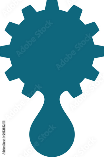 Teal gear shaped object with a drop shaped bottom