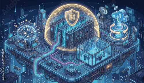 Isometric datacenter server room under a glowing security shield vector illustration for cloud hosting database protection and cyber safety asset