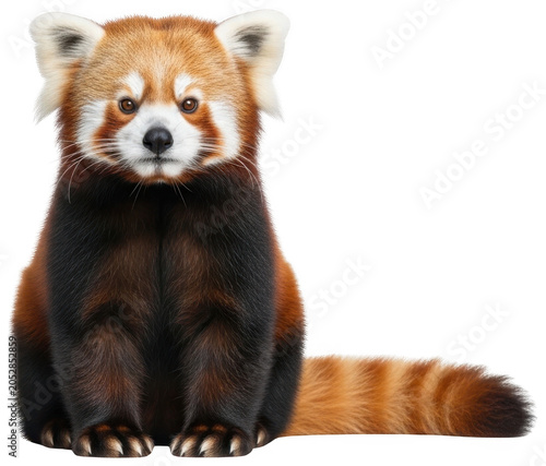 Adorable fluffy red panda sitting upright with a bushy ringed tail isolated transparent background image