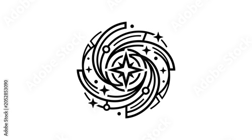 Geometric compass rose in spiral with stars and planets design