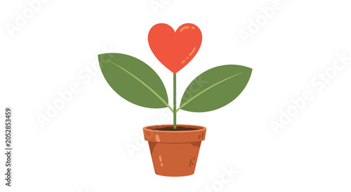 Whimsical illustration of a small green plant growing in a brown pot with a single bright red heart-shaped flower on top.