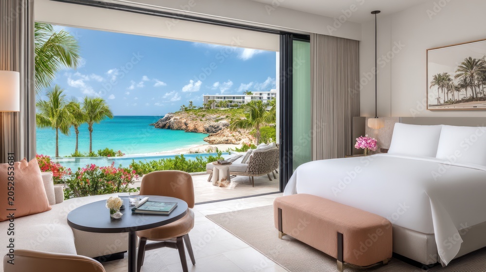 Fototapeta premium Luxury Oceanfront Hotel Room with Stunning Tropical Beach View.