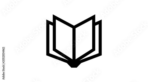 Minimalist black and white line art icon of an open book with layered pages