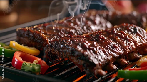 Barbecued ribs on grill with bell peppers and rising steam