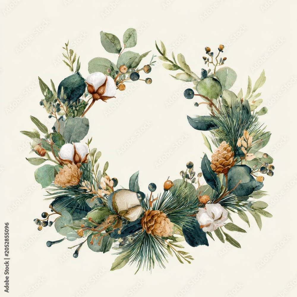 Fototapeta premium Delicate winter botanical border illustration for wedding stationery with evergreen sprigs and cotton
