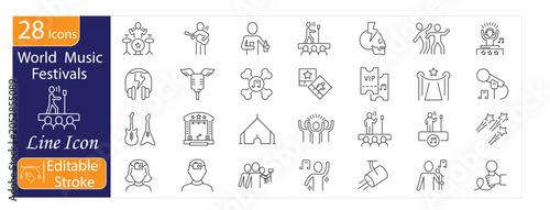 World Festival Music icons set. Includes musical instruments, live performance, cultural celebration, concert stage, dancing, and global music symbols. Editable stroke. Line icons.

