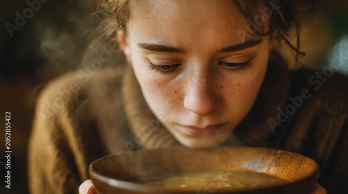 Disgusted Expression as She Detects Off-Color Broth in Home-Cooked Soup