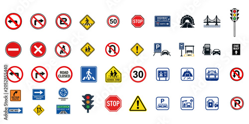 Set of road traffic signs and highway signals collection on transparent background.