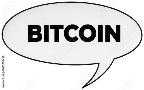 Bold Bitcoin cryptocurrency text in a white oval speech bubble graphic isolated transparent background image