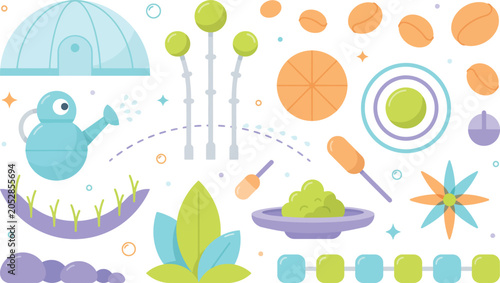 Foto Abstract garden and farming elements collection featuring geodesic dome watering