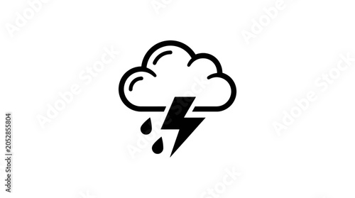 Black outline weather icon with storm cloud rain and lightning bolt