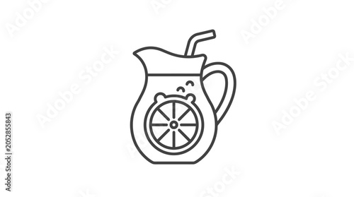 Glass pitcher of lemonade with citrus slice and straw.