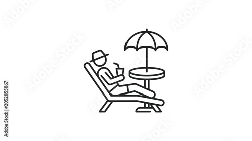Line art of a person relaxing on beach chair.