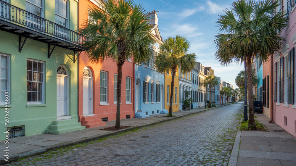 Obraz premium Rainbow Row Charleston South Carolina Historic Streetscape with Palm Trees and Cobblestone Road