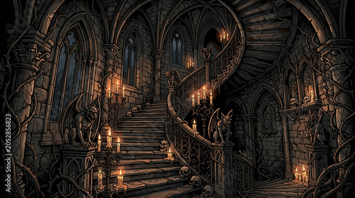 Quadro su tela Gothic stone staircase inside a dark castle is guarded by gargoyles and decorated with skulls, candles, and tangled vines