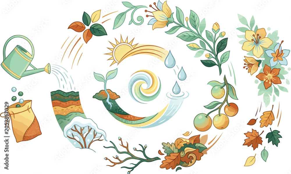 Obraz premium Seasonal cycle elements featuring nature imagery and gardening tools illustration set for environmental education purposes