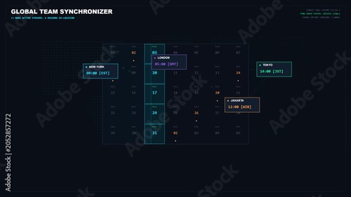 Global Team Synchronizer HUD Motion Design Video for Corporate Template and Website Background, Digital Calendar for Remote Business Presentation Background