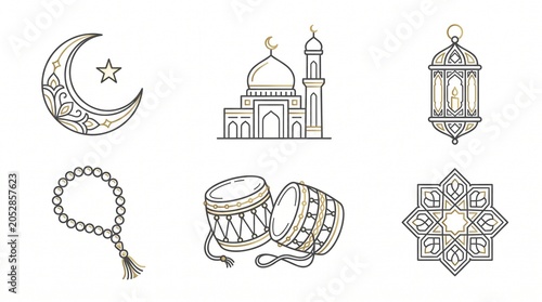 Minimalist Muharram Islamic Clip Art Icons Set on White Background
