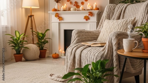 Cozy living room corner with fireplace and knitted blanket.