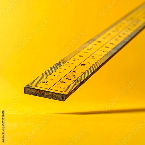 A closeup perspective shot of a vintage wooden ruler resting on a vibrant yellow surface, highlighting the detailed measurement markings and worn texture