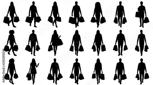 Tableau sur toile Silhouette people walking in a row isolated on transparent background, Vector