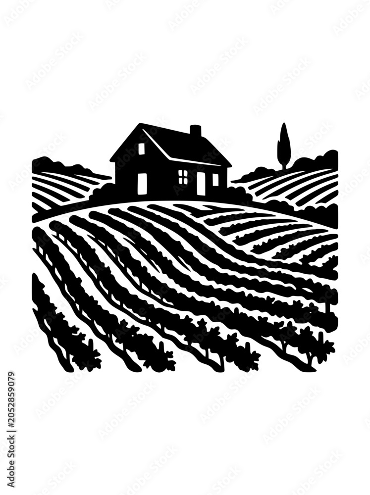 Fototapeta premium Rustic vineyard landscape with farmhouse and crop rows linocut style illustration