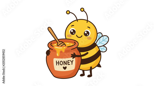 A cheerful, cute bee embraces a clay pot filled with honey, sporting a smiling, sweetly funny face in a childlike, flat cartoon vector style set against a white background
