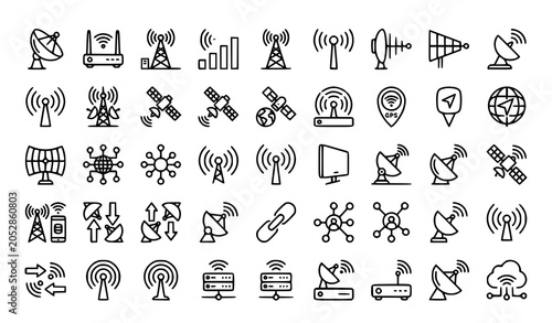 Quadro su tela Modern satellite antenna outline icon collection with wireless signal vectors