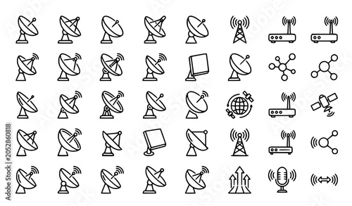 Obraz na płótnie Minimal satellite dish vector set with wireless signal antenna outline icons