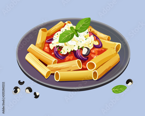 Traditional italian penne pasta dish served with rich tomato sauce fresh basil leaves grated cheese and dark olives on plate - Vector Illustration