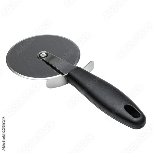 Stainless Steel Pizza Cutter Wheel with Ergonomic Black Handle Isolated on White Background for Kitchen Utensil and Food Preparation Concepts