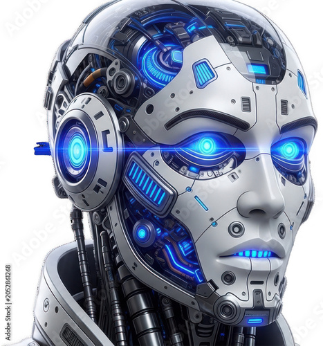 Detailed futuristic white robot head with glowing blue eyes and internal mechanics isolated transparent background image