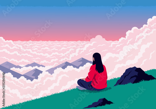 Schilderij op canvas A person with long dark hair wearing a red jacket sits on a grassy hill, gazing over a vast sea of pink clouds and distant purple mountains beneath a gradient sky shifting from pink to blue