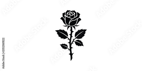 Black Rose Flower Silhouette with Thorns and Leaves