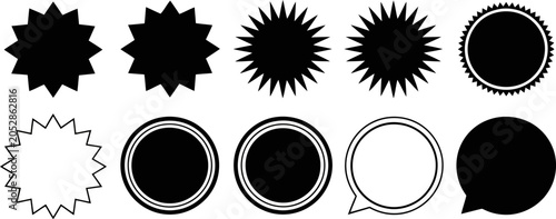 Assortment of Black and White Starbursts Circles and Speech Bubble Shapes 