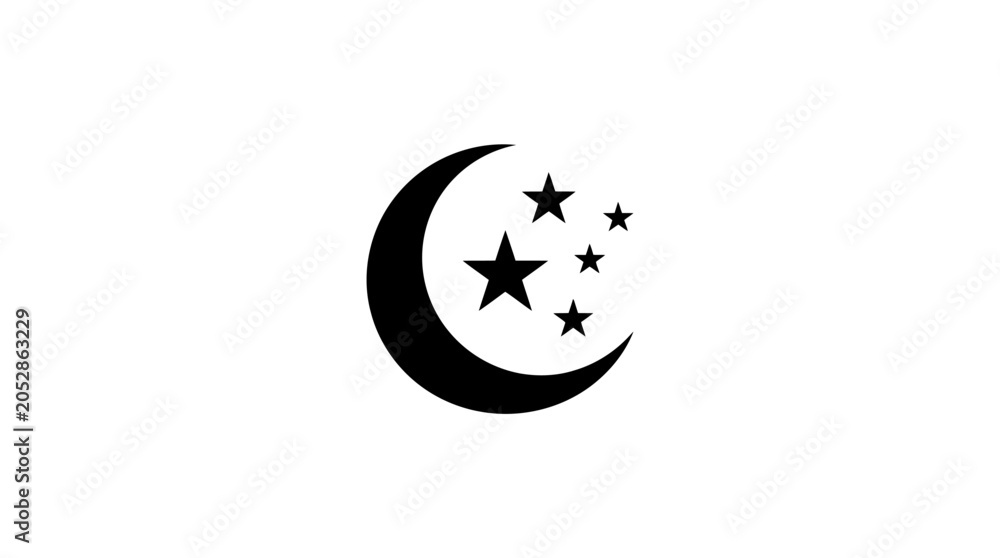 Fototapeta premium Black crescent moon and stars symbol on white background