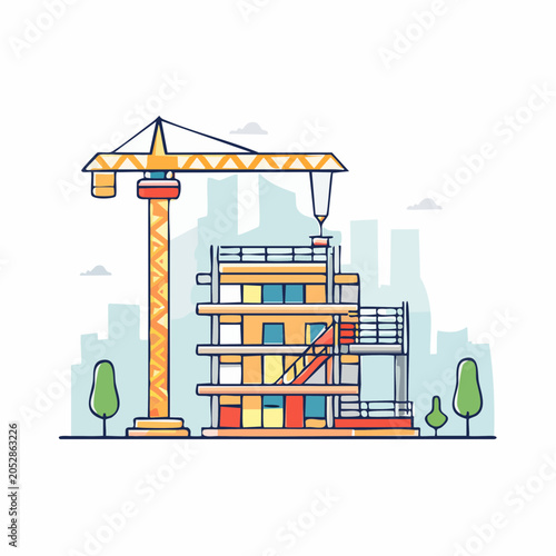 Building construction with crane and scaffolding in flat design