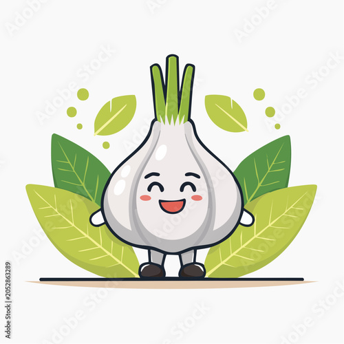 Cute Kawaii Garlic Character with Leaves