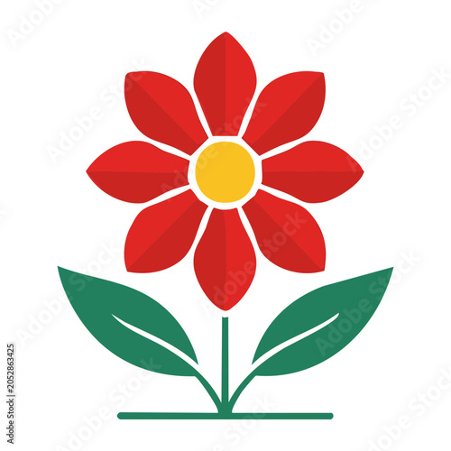 Flat design red flower with green leaves on white background