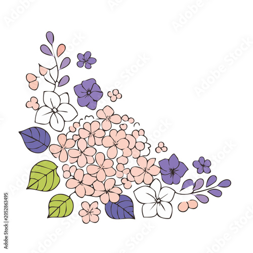 Hand-drawn floral corner decoration with pink and purple flowers