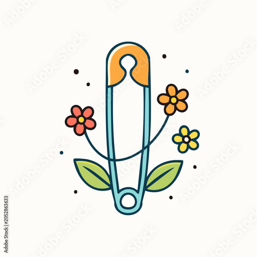 Safety Pin with Flowers and Leaves Illustration