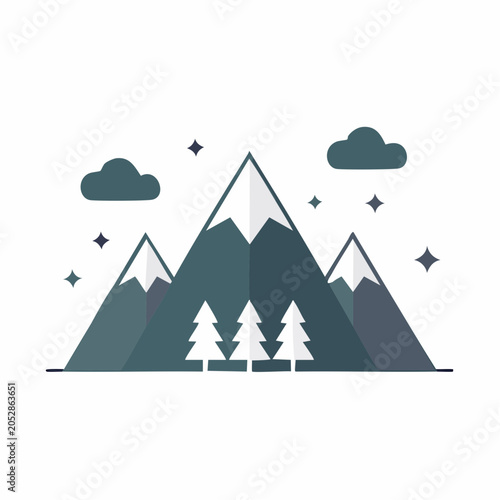 Stylized Mountain Landscape with Trees and Clouds