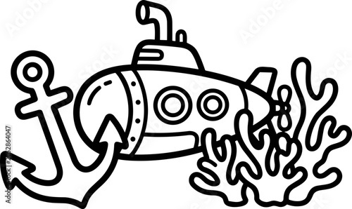 Foto Cute cartoon submarine with anchor and coral illustration, black and white line