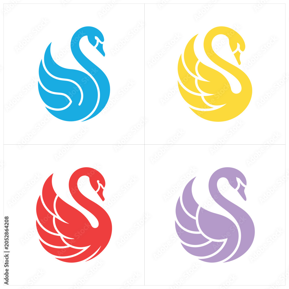 Fototapeta premium Vibrant vector-style swirls in blue, yellow, red, and purple on white background, spiral abstract shape