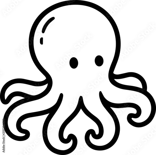 Photography Cute cartoon octopus outline, simple black and white drawing, isolated on white