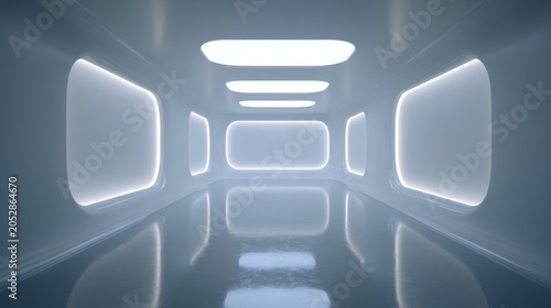 Illuminated corridor showcases modern, minimalist architectural design with glowing panels.