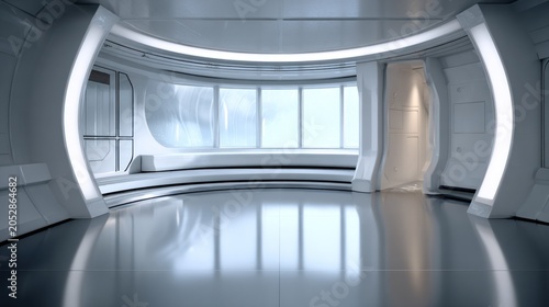 Sleek, modern architectural interior features curvilinear walls and bright illumination