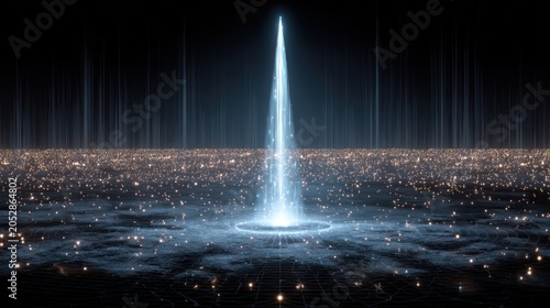 Intense bright beam of light emerges from a glowing digital surface into darkness
