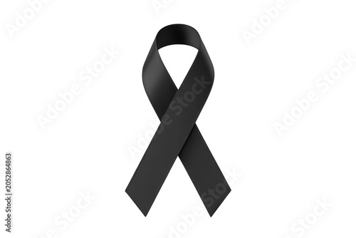 A single black awareness ribbon isolated on a solid black background, representing mourning, grief, and remembrance for a lost loved one